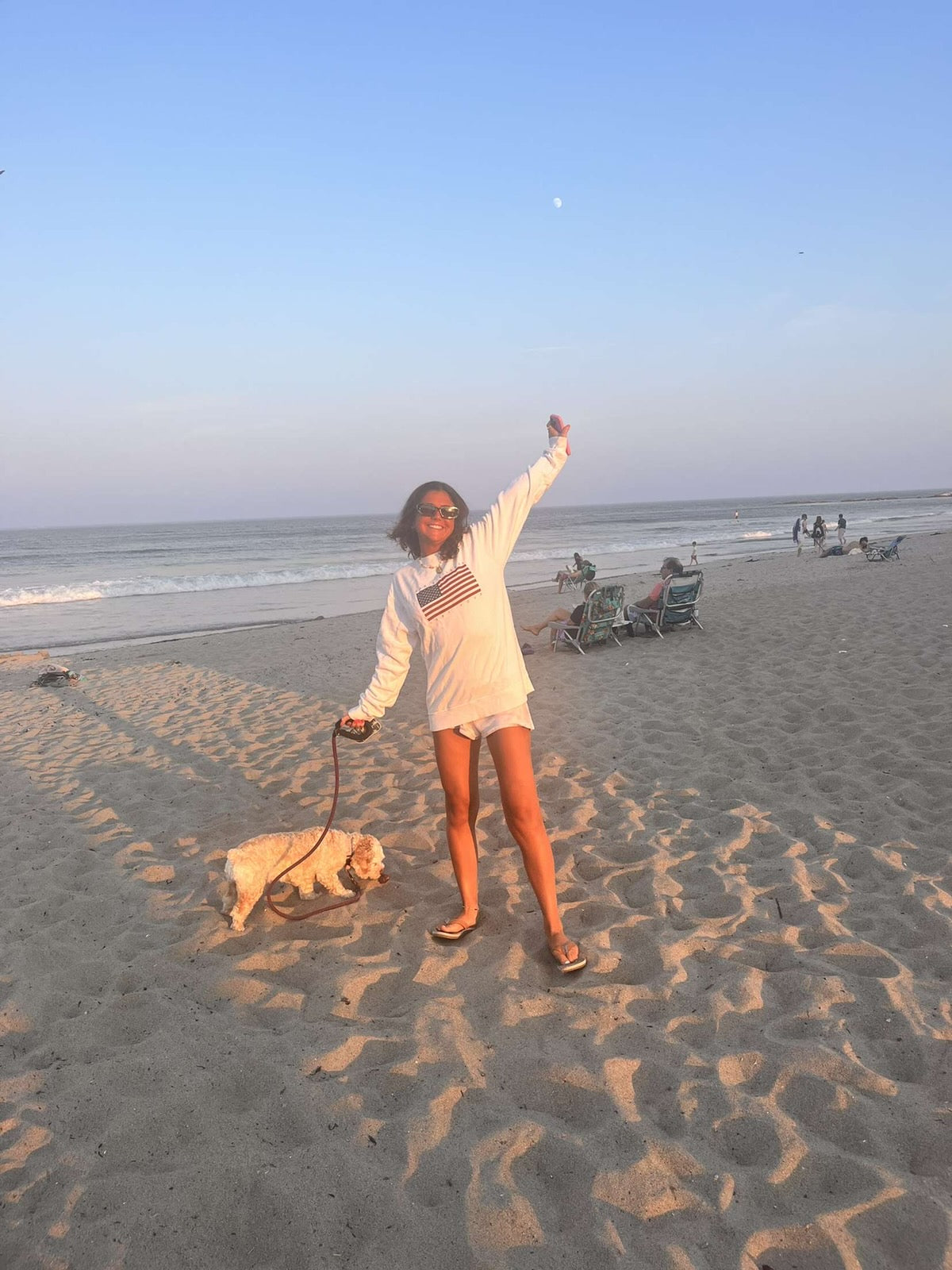 Person walking a dog on a sandy beach with a clear sky