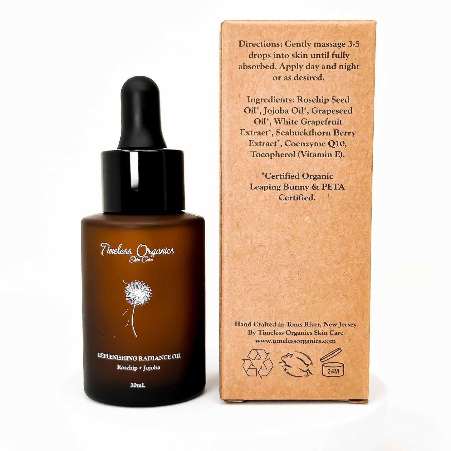 Timeless Organics replenishing radiance oil bottle with packaging