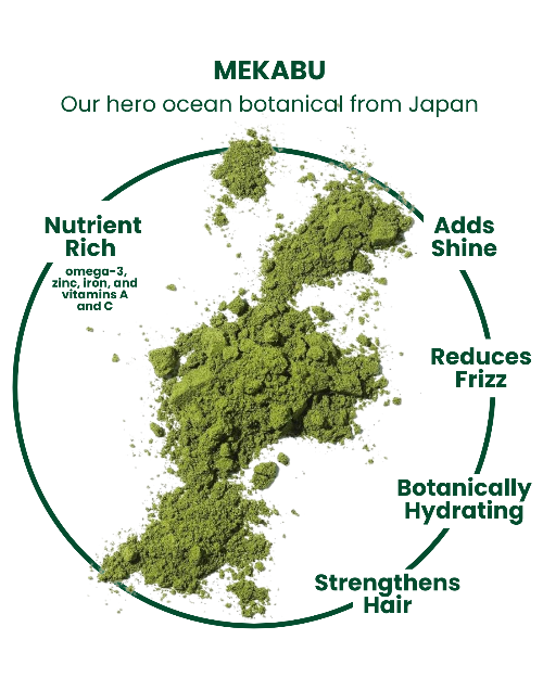 Green powder labeled 'MEKABU' with text highlighting its benefits such as adds shine , reduce frizz from japan