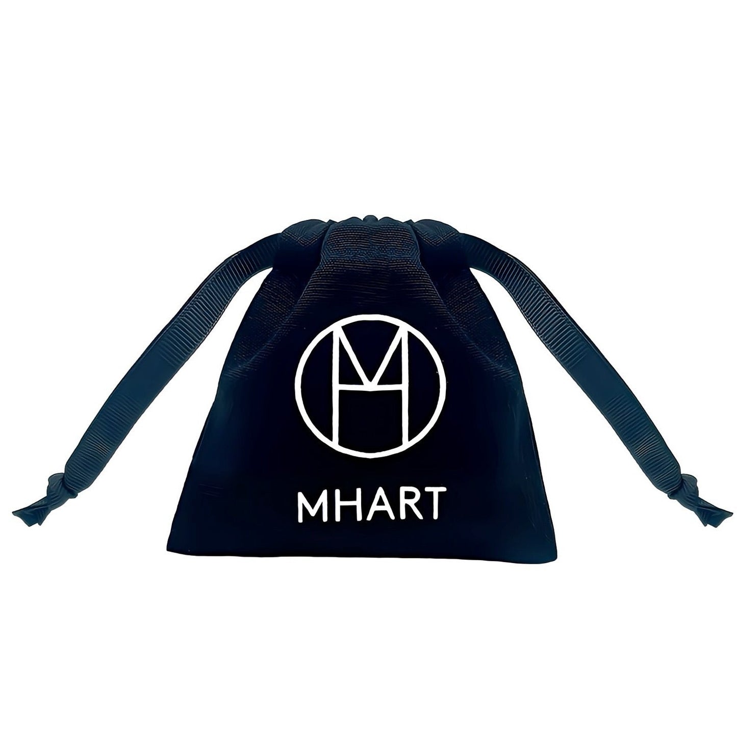 Navy blue drawstring bag with 'MHART' logo on a white background