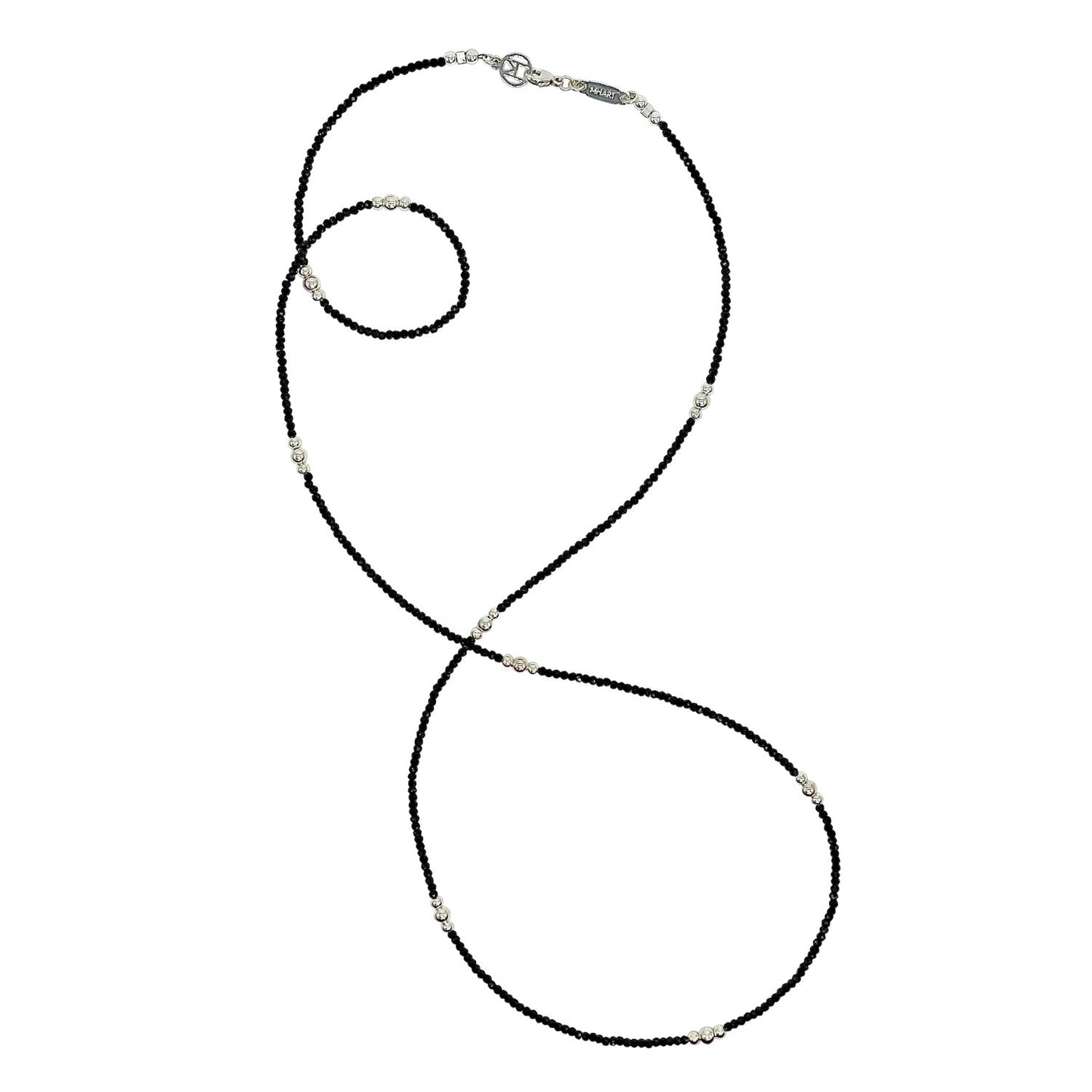 Black beaded necklace with silver clasp on a white background