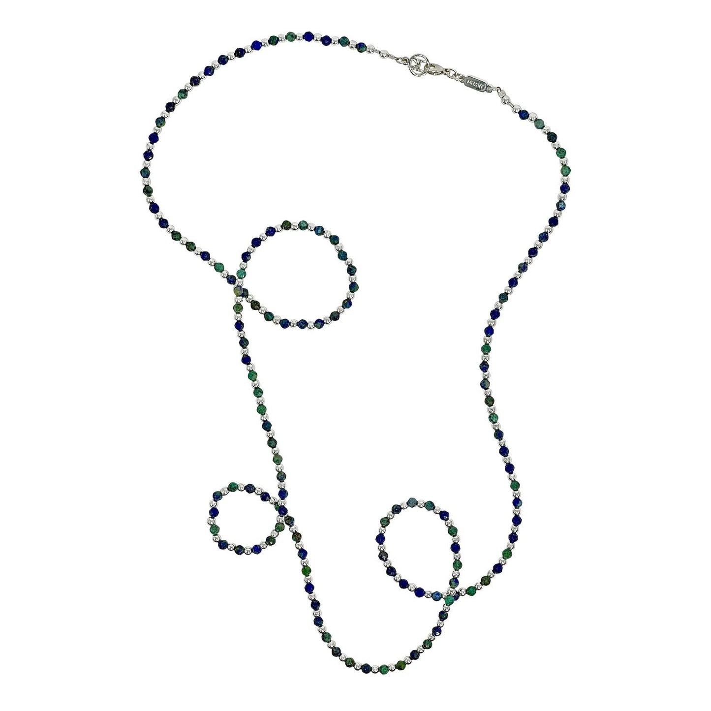 Beaded necklace with green and blue stones on a white background