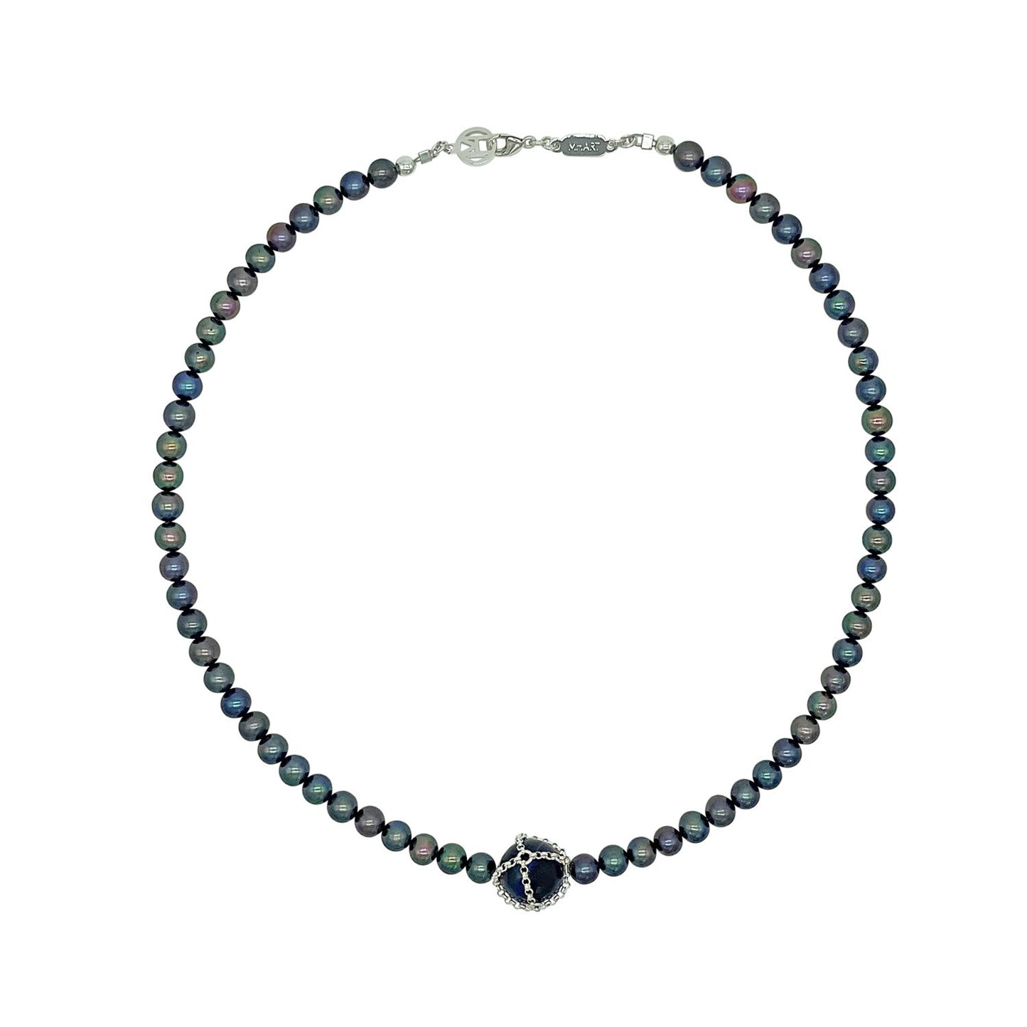 Necklace with black pearls and silver clasp on a white background