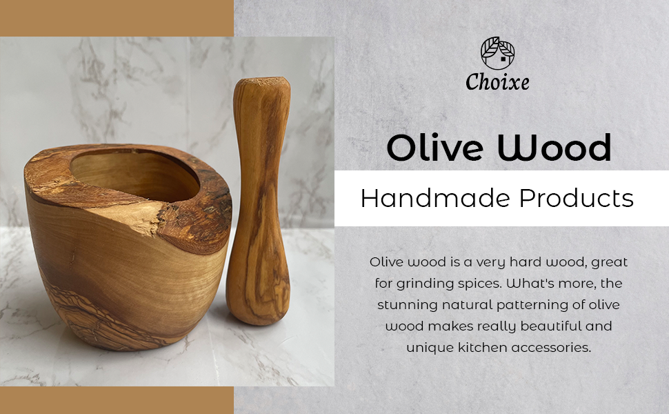 Olive wood mortar and pestle on a marble surface with Choixe branding.