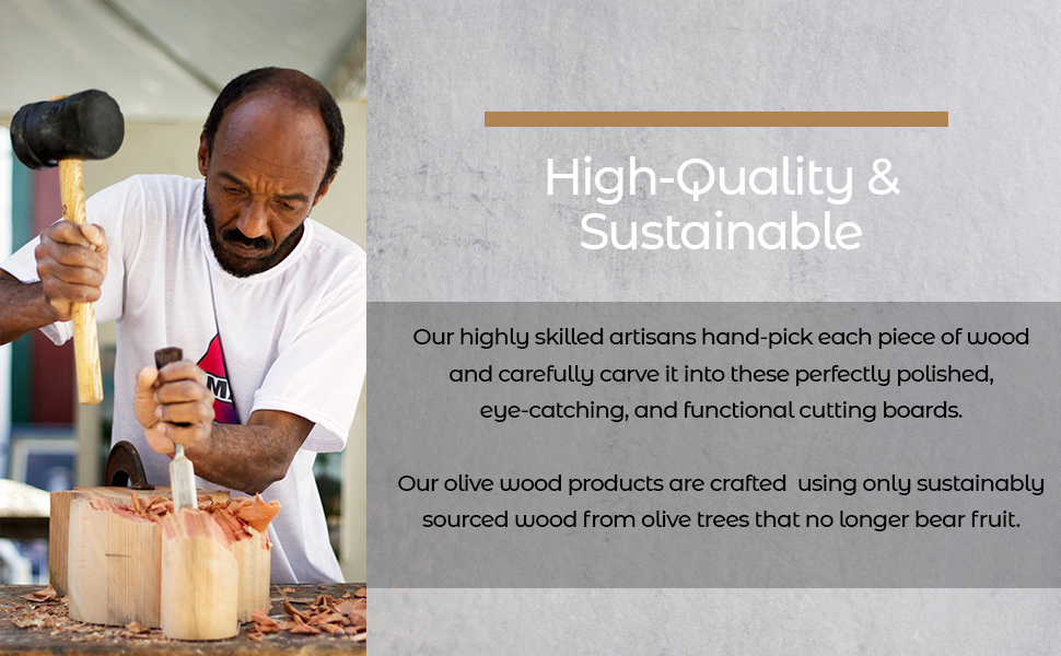 Man working with wood and text about high-quality and sustainable olive wood cutting boards.