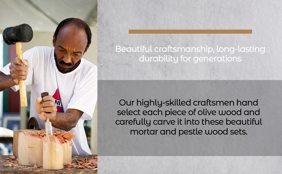 Man working with olive wood, text about craftsmanship and durability.