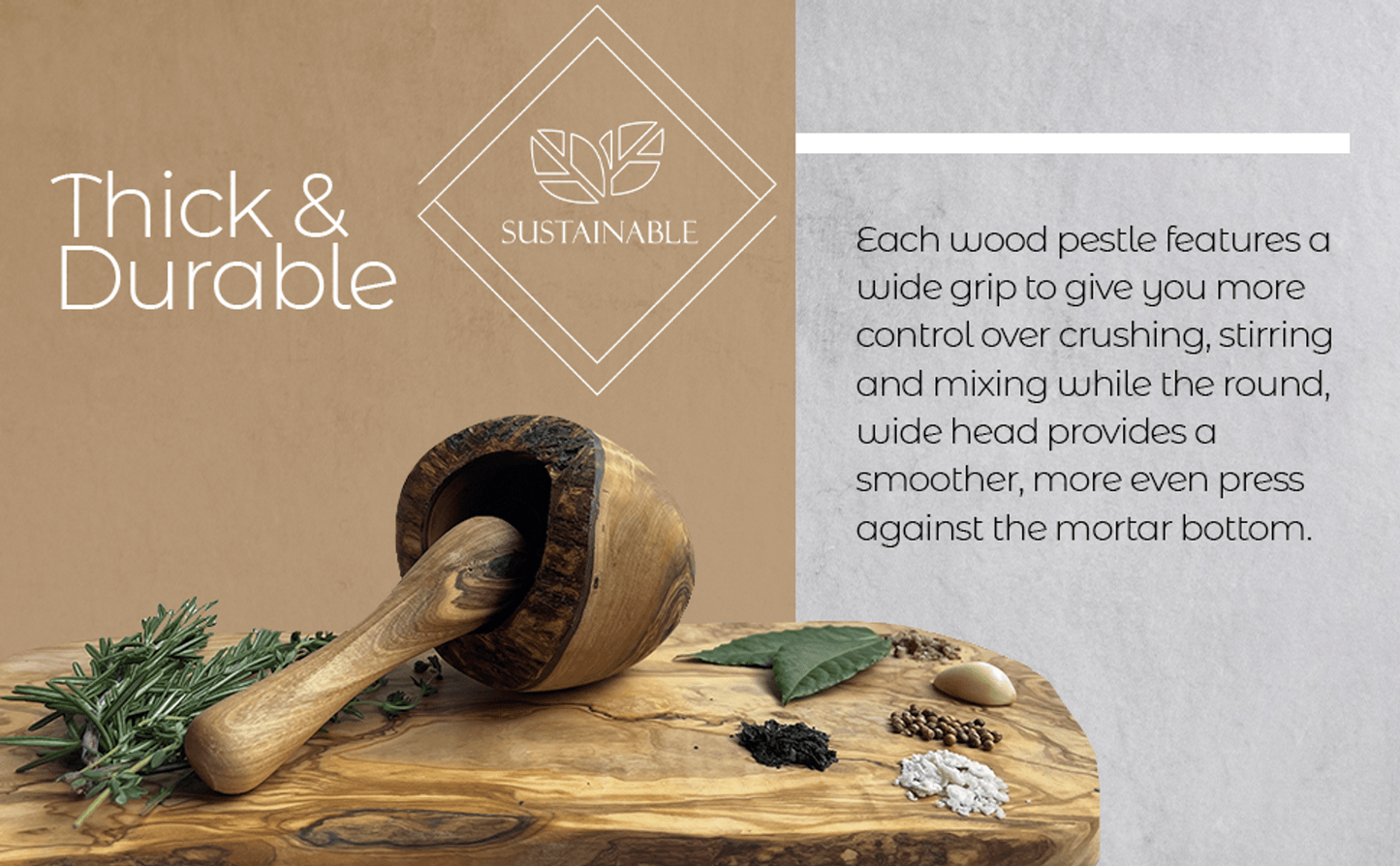 Wooden pestle and mortar set on a wooden surface with text about durability and features.