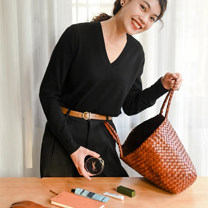 Woven leather brown bag,