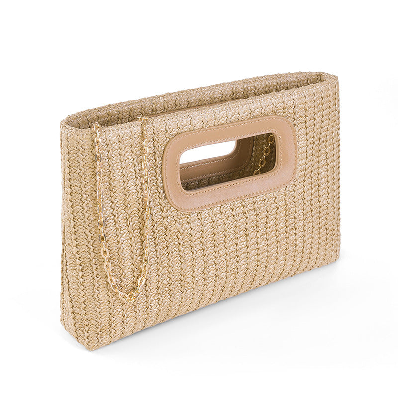 Beige woven handbag with a handle