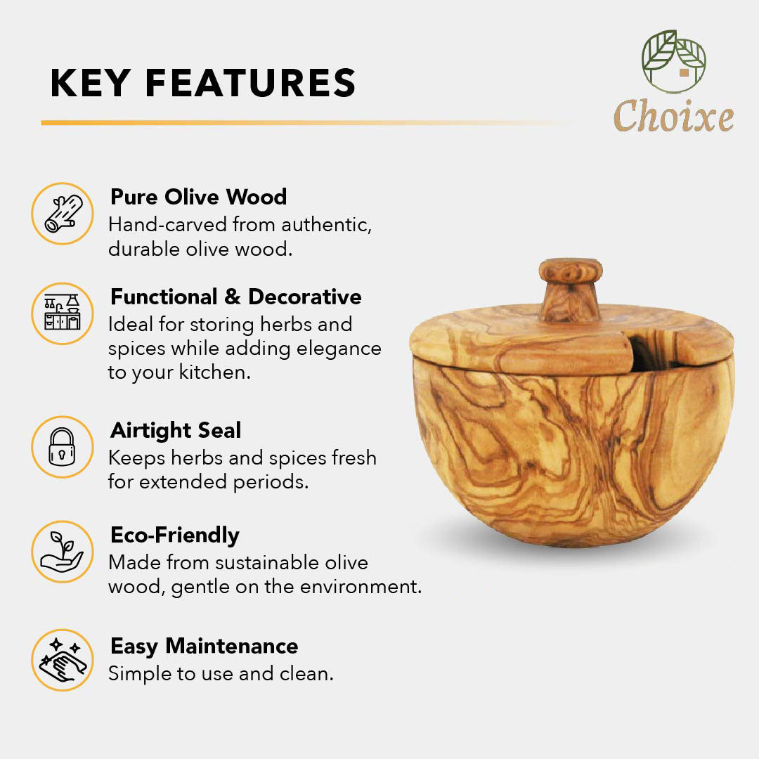 Wooden herb container with key features listed such as pure olive wood , eco friendly
