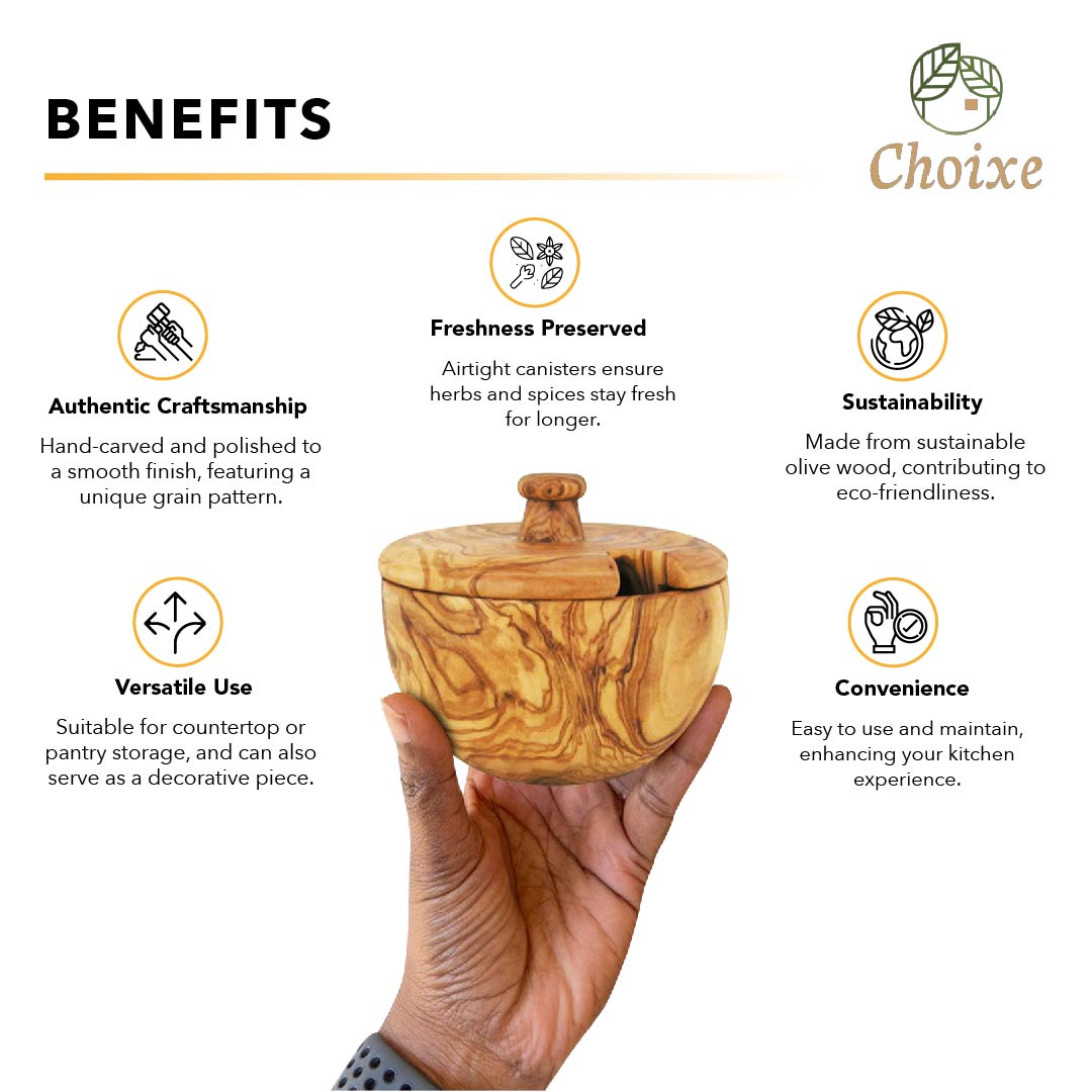 Wooden container held in a hand with 'Choixe' branding and product benefits listed.