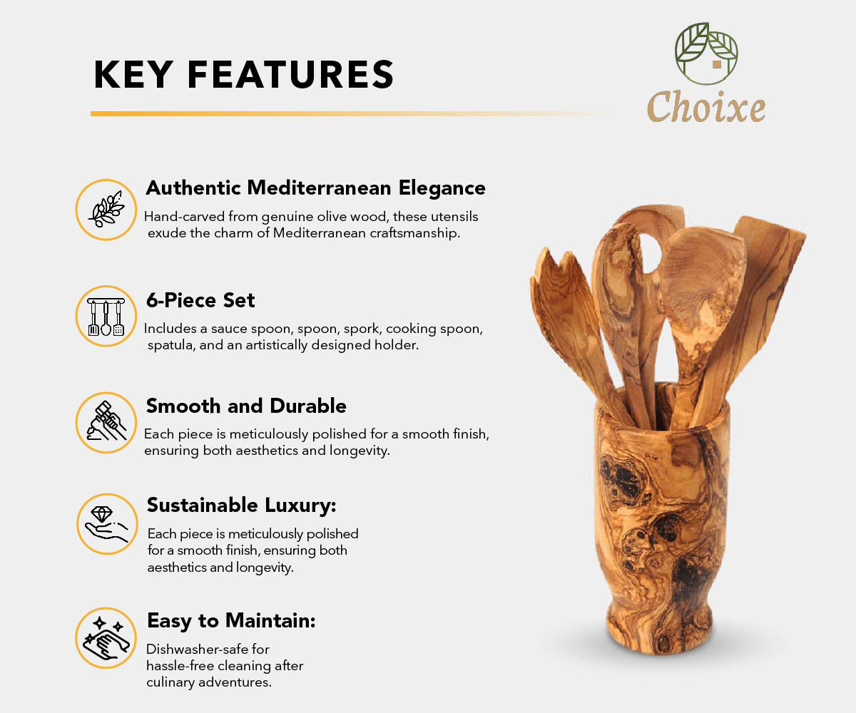 Wooden kitchen utensils 6 piece set with holder  featuringChoixe branding.