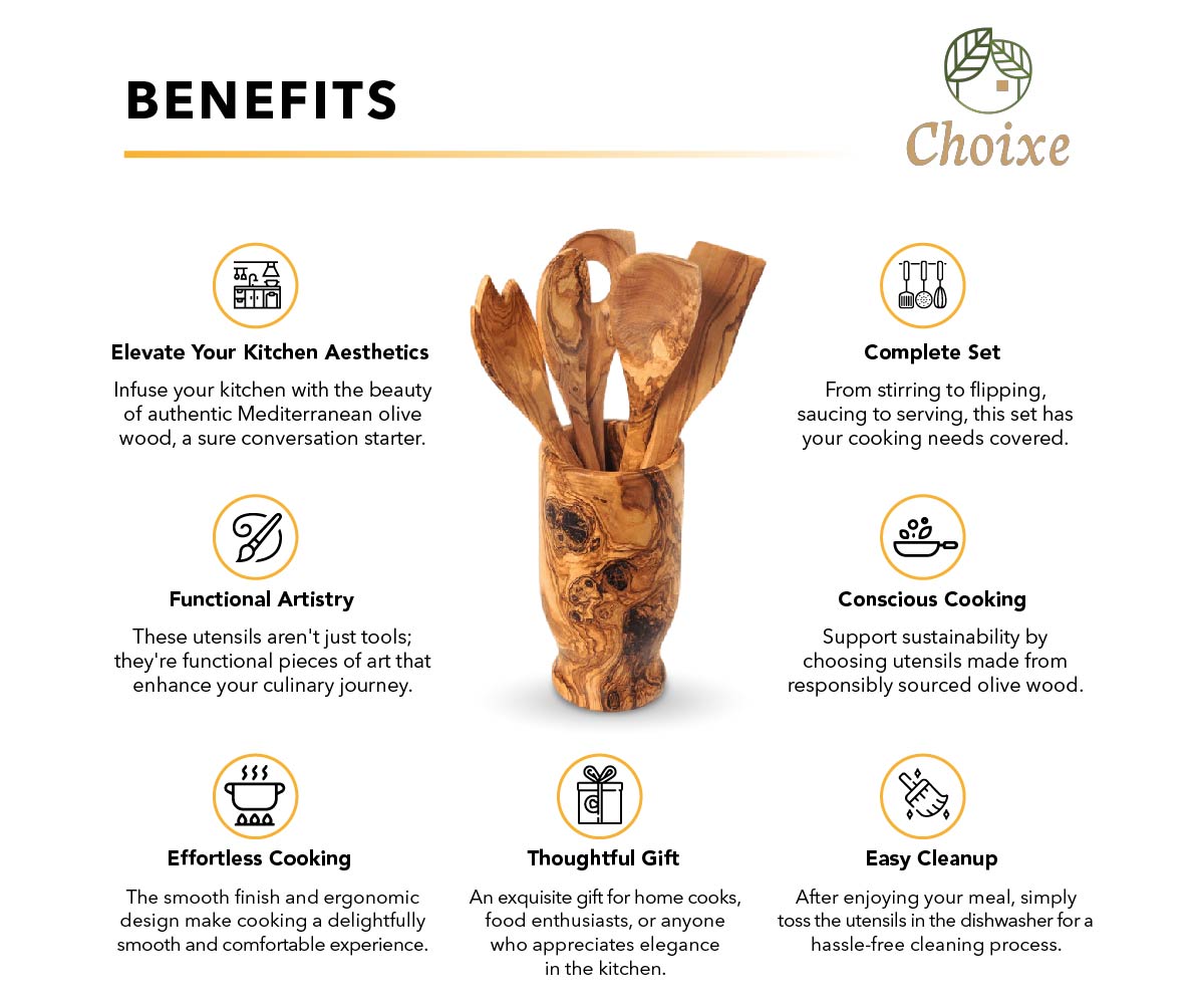 Promotional graphic for Choixe wooden kitchen utensils set with benefits listed.