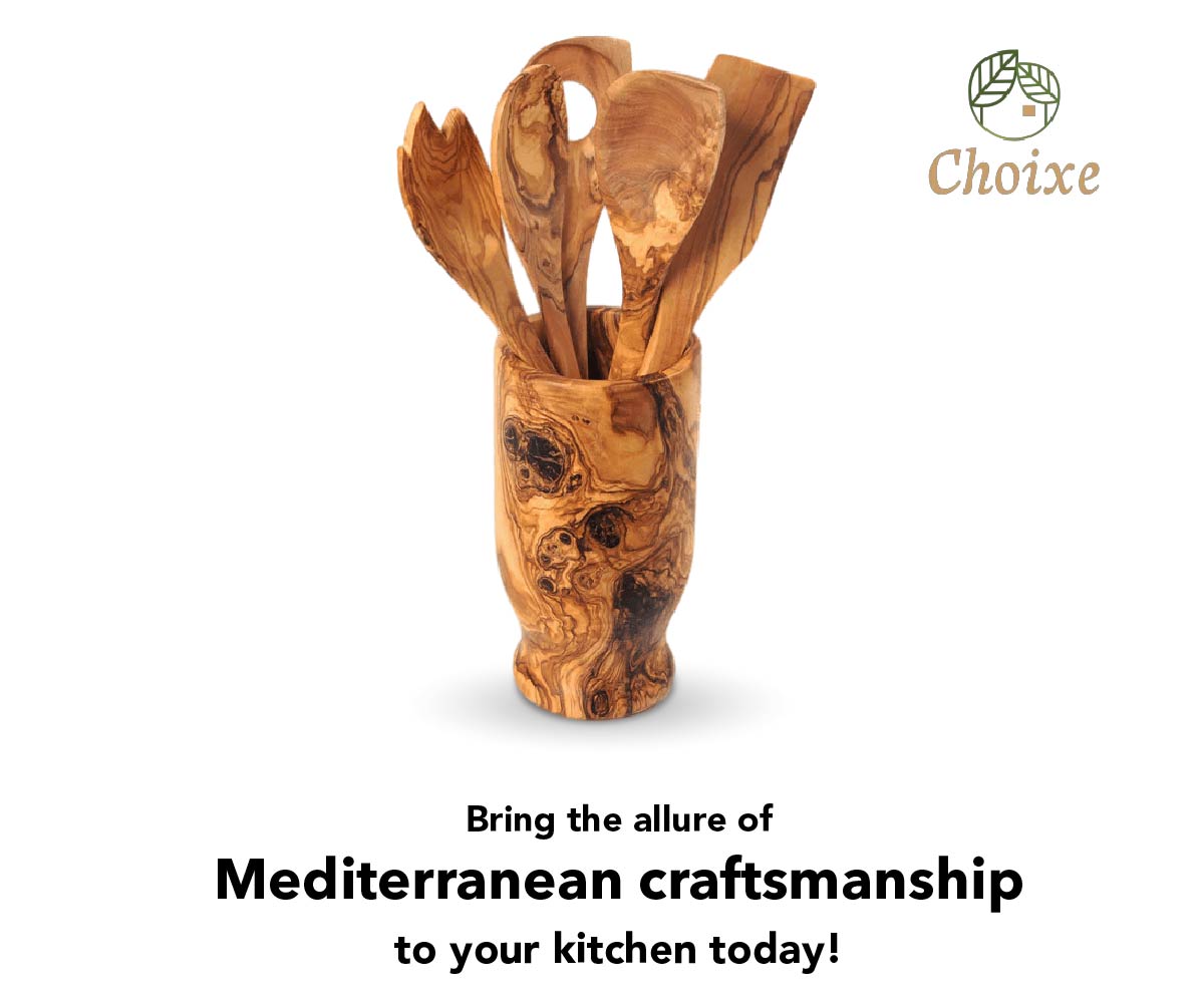 Wooden kitchen utensils in a holder with 'Choixxe' branding made from artisan in america