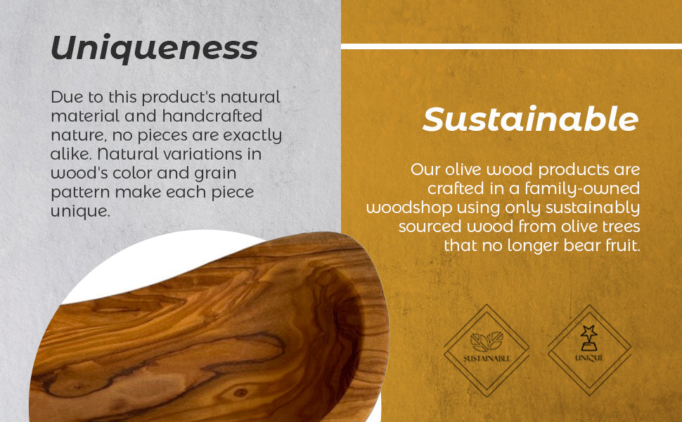 Wooden product with text on uniqueness and sustainability, featuring olive wood branding.
