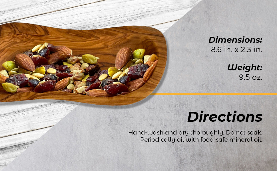Wooden tray with dried fruits and nuts on a light wooden surface, with product details displayed.
