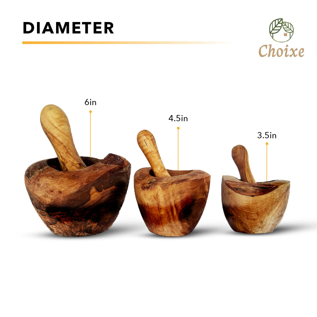 Three wooden mortars and pestles with labeled diameters