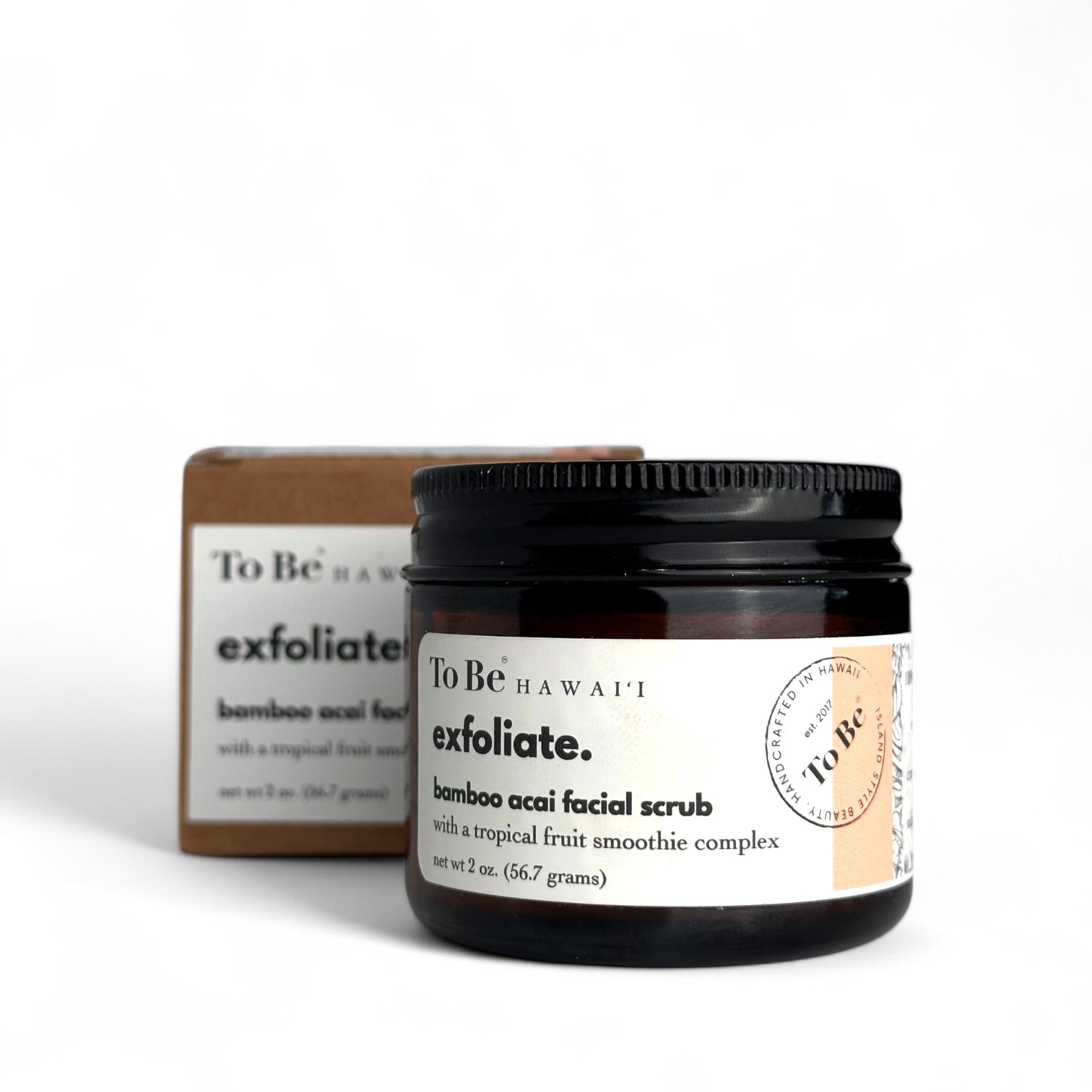 Jar of To Be Hawaii exfoliate bamboo acai facial scrub with packaging