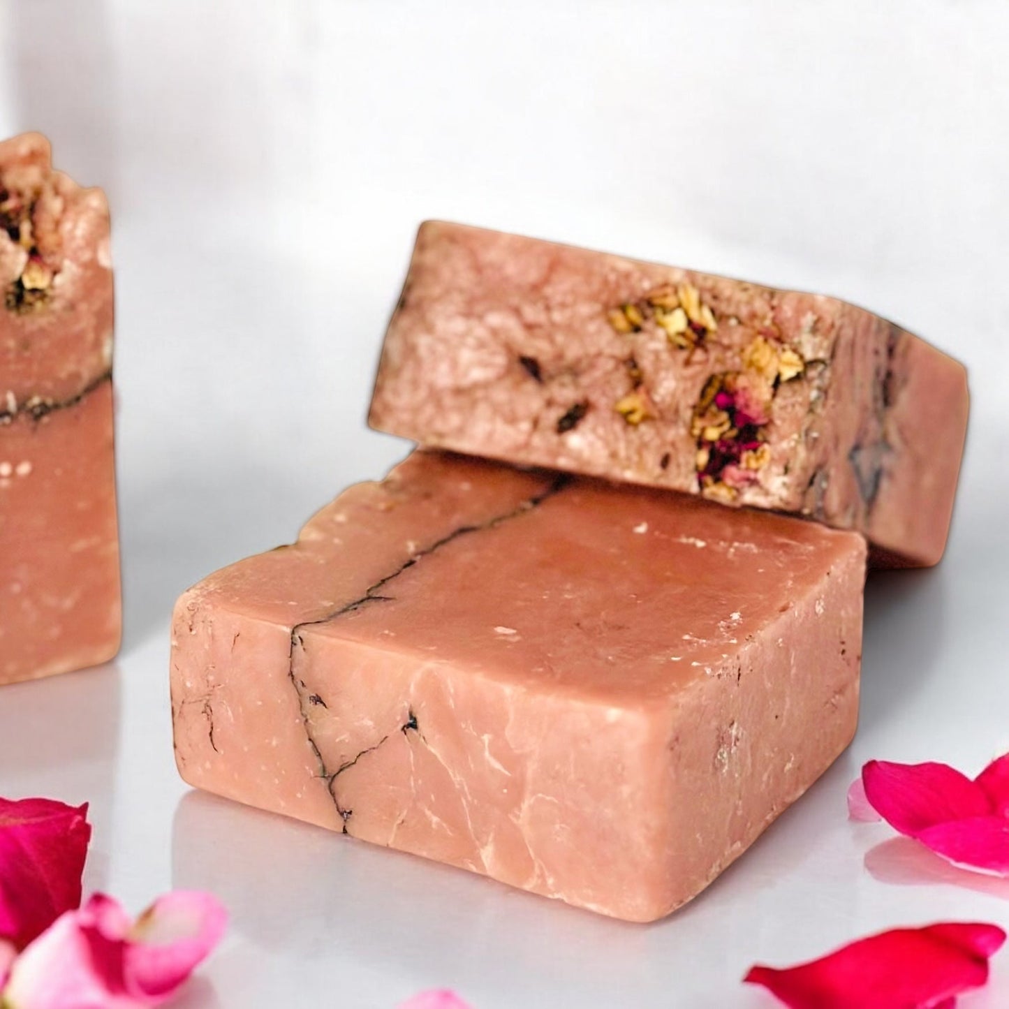 Two pink organic soap bars with visible pink petals.