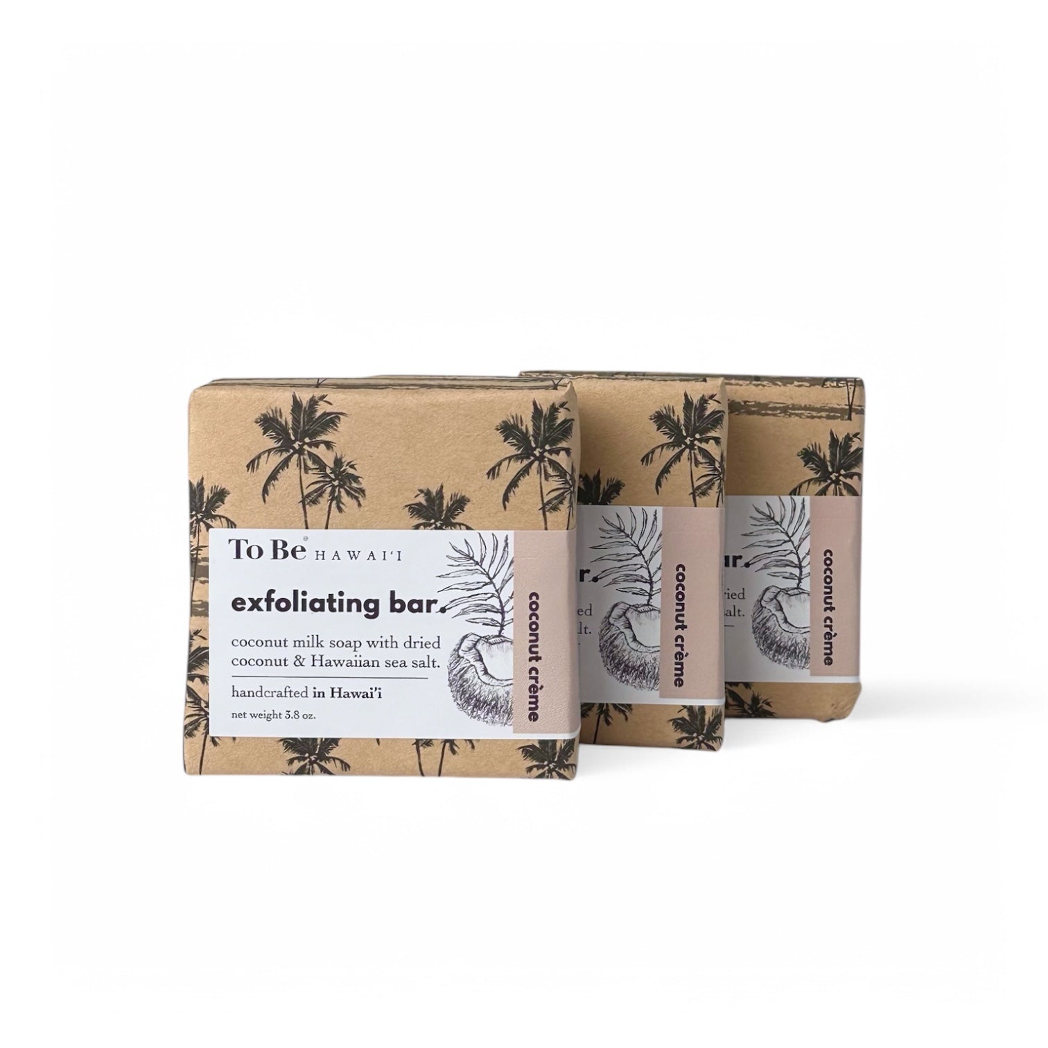 three exfoliating bars with palm tree design packaging