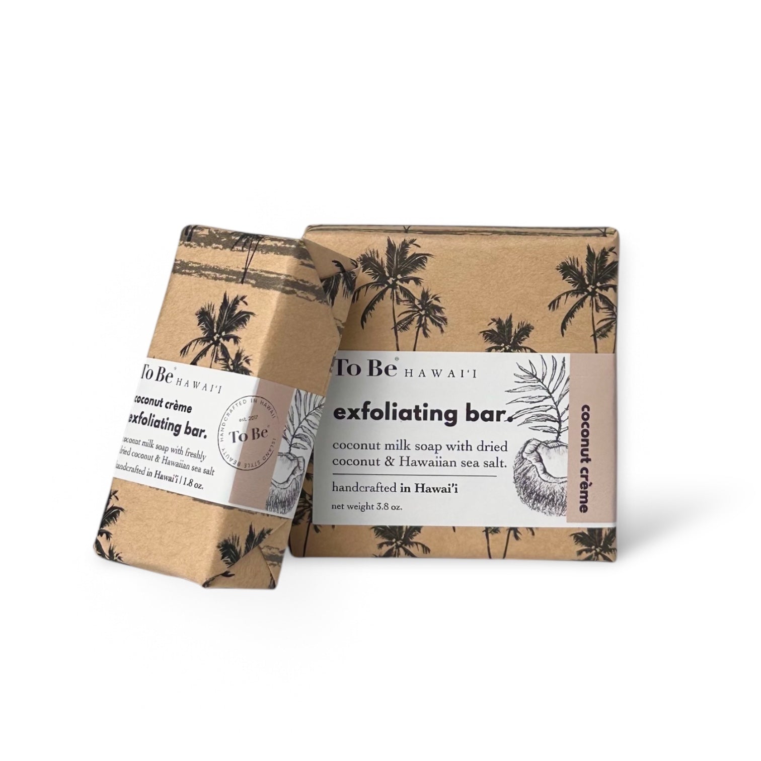 Two exfoliating bars with palm tree design packaging on a white background