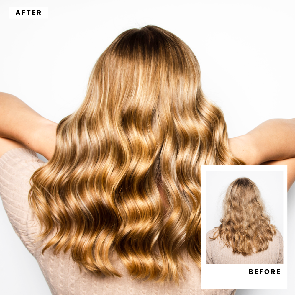 Before and after comparison of wavy hair with a close-up inset.