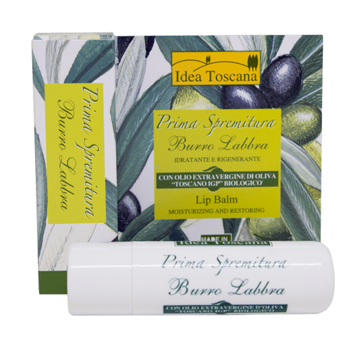 Lip balm with packaging featuring olive design and 'Idea Toscana' branding. Lip balm with packaging featuring olive design and 'Idea Toscana' branding.