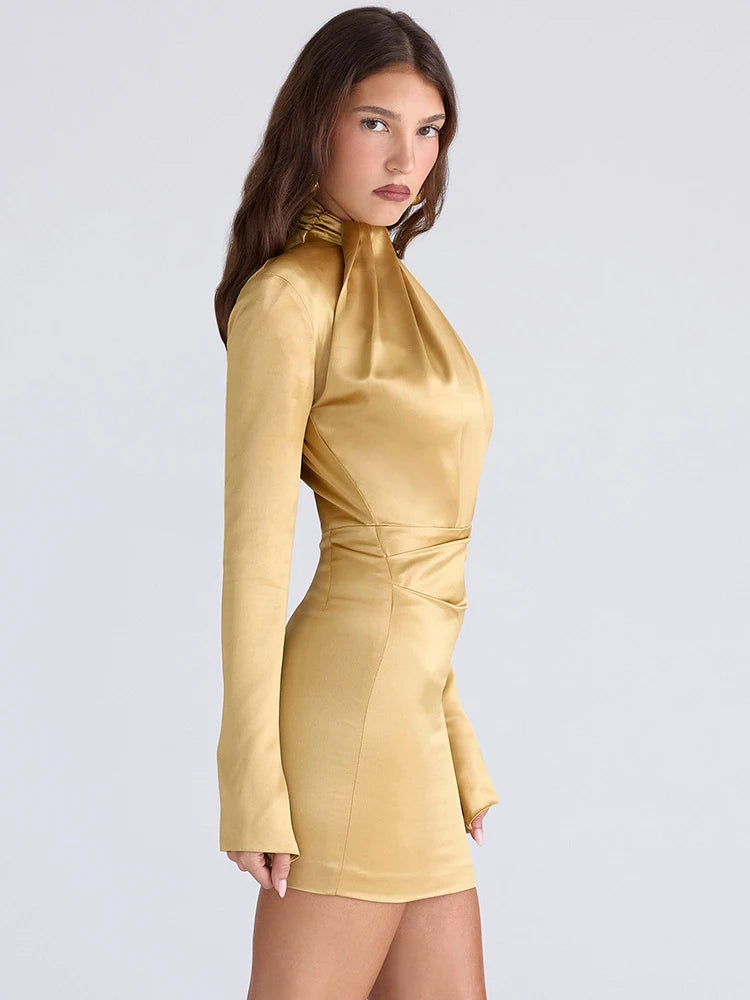 Ruched Satin Turtleneck Dress - Citrine Yellow