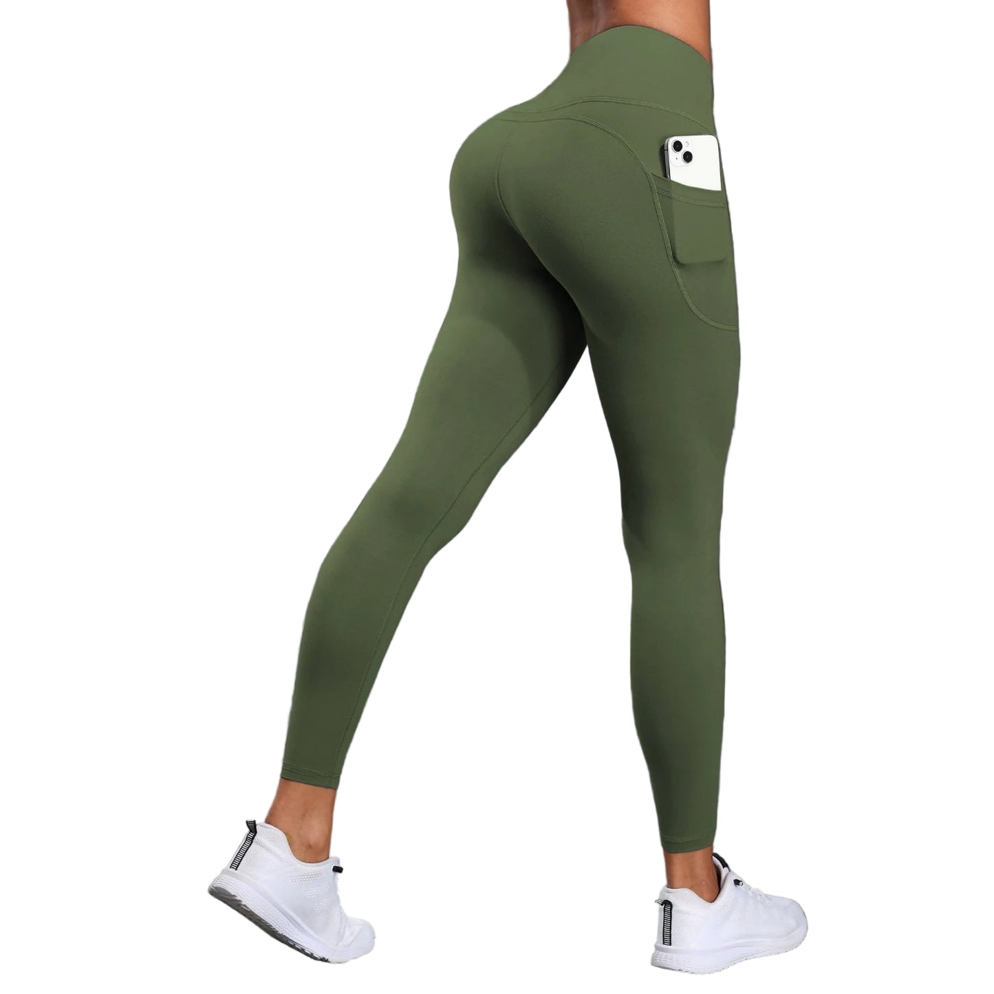Women exercising in stylish green sports leggings with pockets