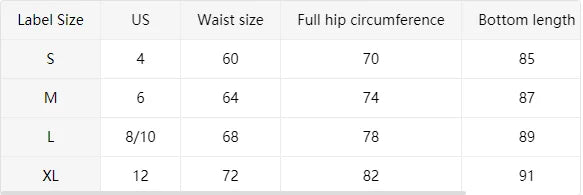 Table showing clothing size chart with waist, full hip circumference, and bottom length measurements.