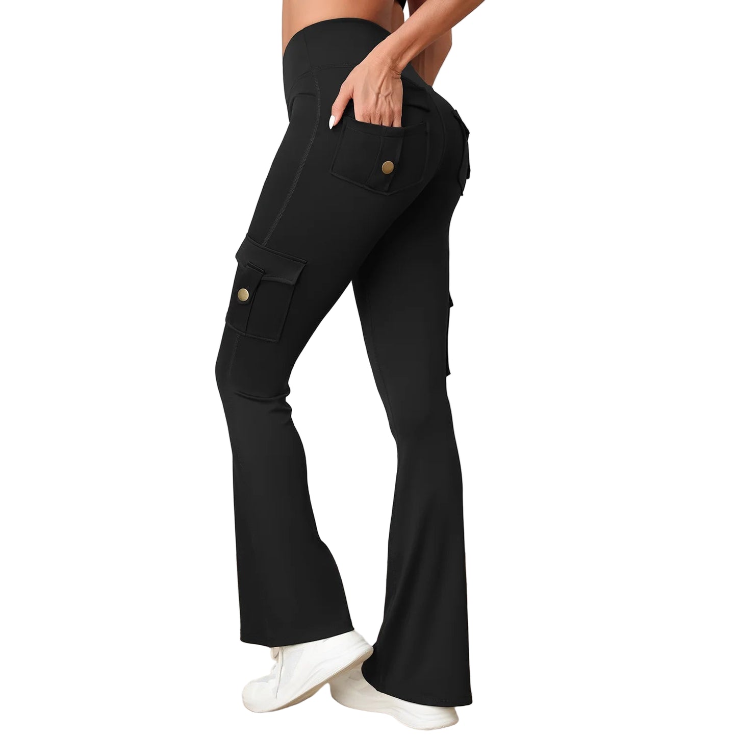 Women exercising in comfortable bootcut cargo leggings