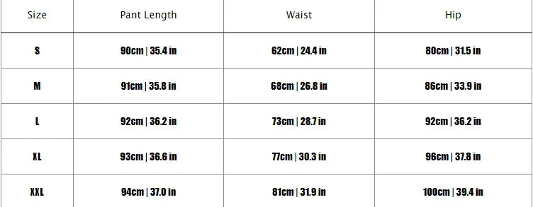 Table displaying pant length, waist, and hip measurements for sizes S, M, L, XL, and XXL.