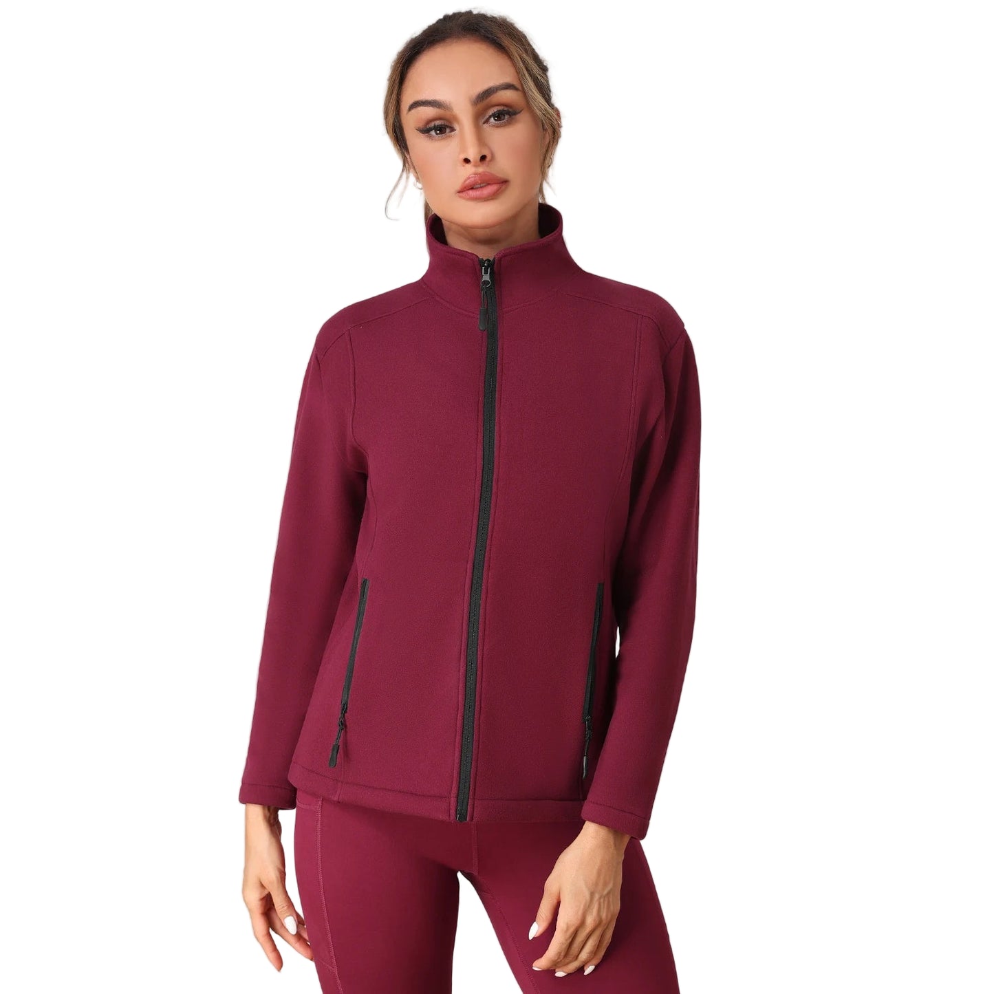 Woman wearing a maroon Gym tracksuit with long sleeves