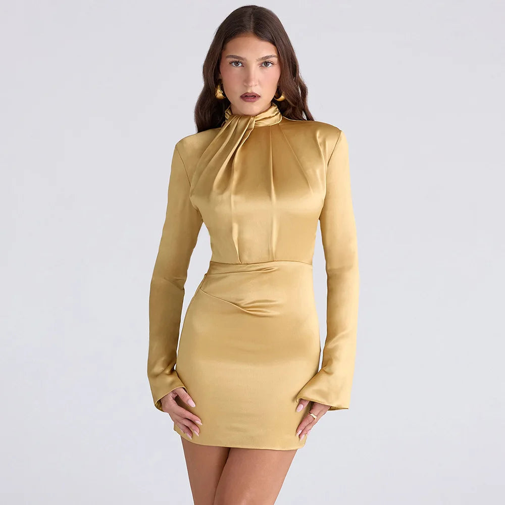 Ruched Satin Turtleneck Dress - Citrine Yellow
