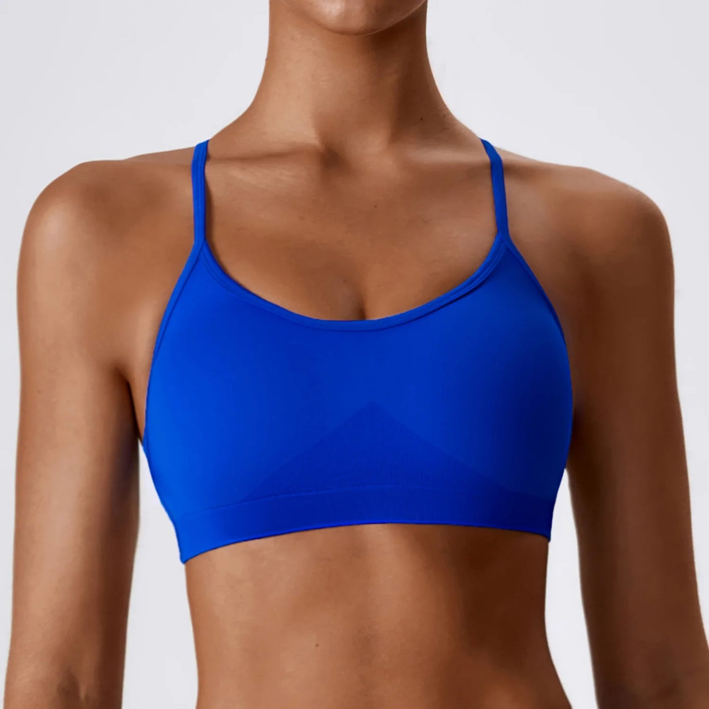 Close-up of crossback sports bra fabric – double-brushed nylon spandex workout bra