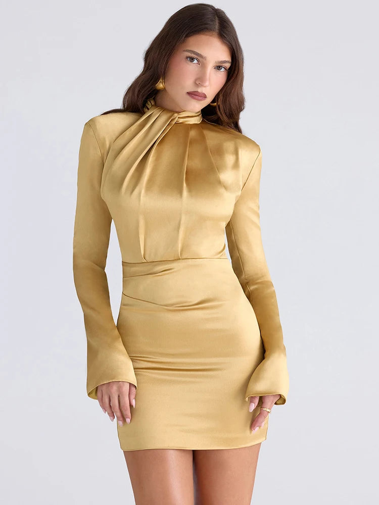 Ruched Satin Turtleneck Dress - Citrine Yellow
