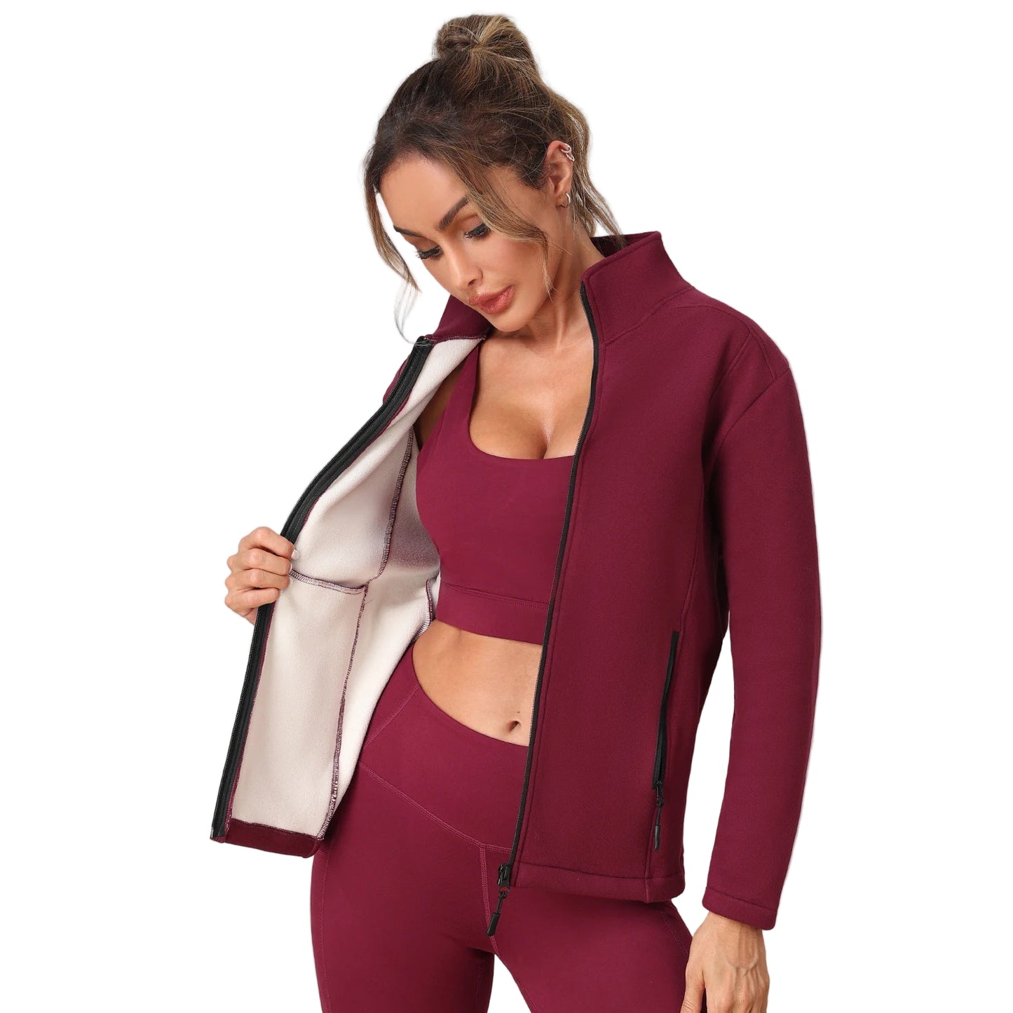 Women wearing fleece zipper hoodie during winter workout