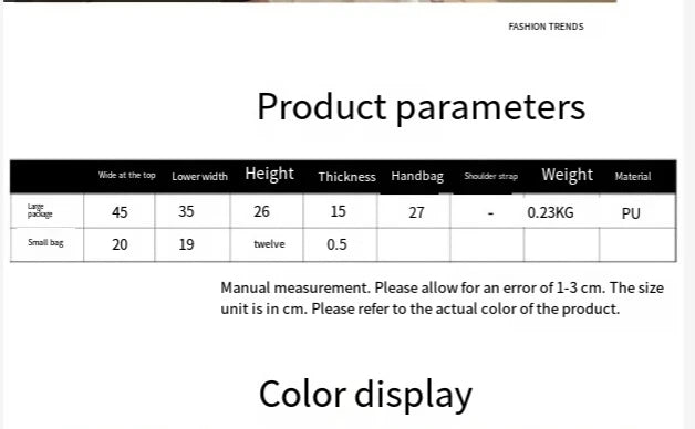Product parameters table for bags with dimensions and material details.