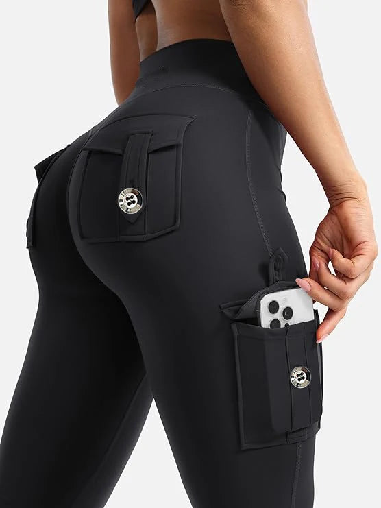 Women's flare cargo leggings available in sizes S to XL