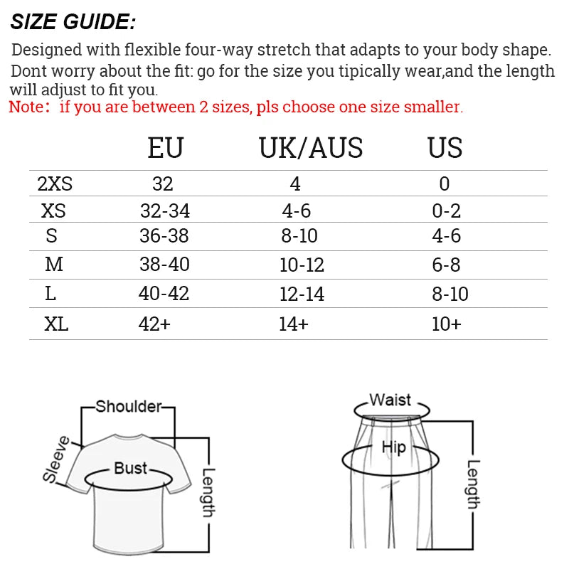Size guide chart for clothing with measurements in EU, UK/AUS, and US.