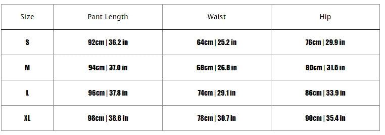 Table displaying pant size chart with measurements for waist and hip.