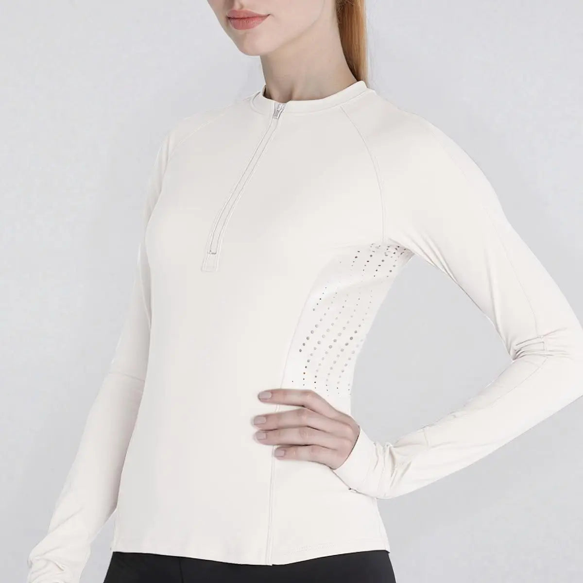 Slim fit half-zip long sleeve workout top - back view showing ventilation panels
