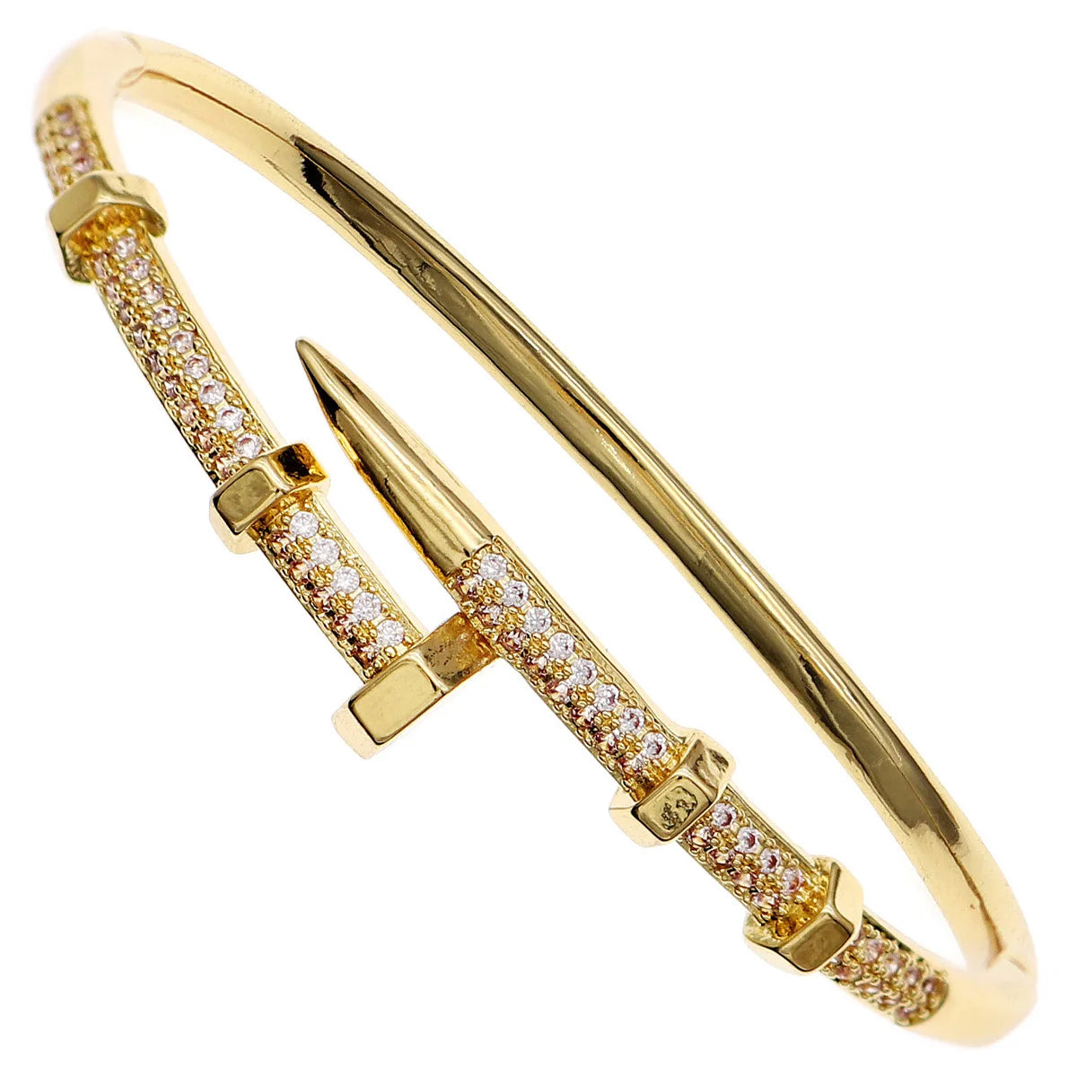 Stainless steel nail‑shaped cuff bracelet with crystal accents