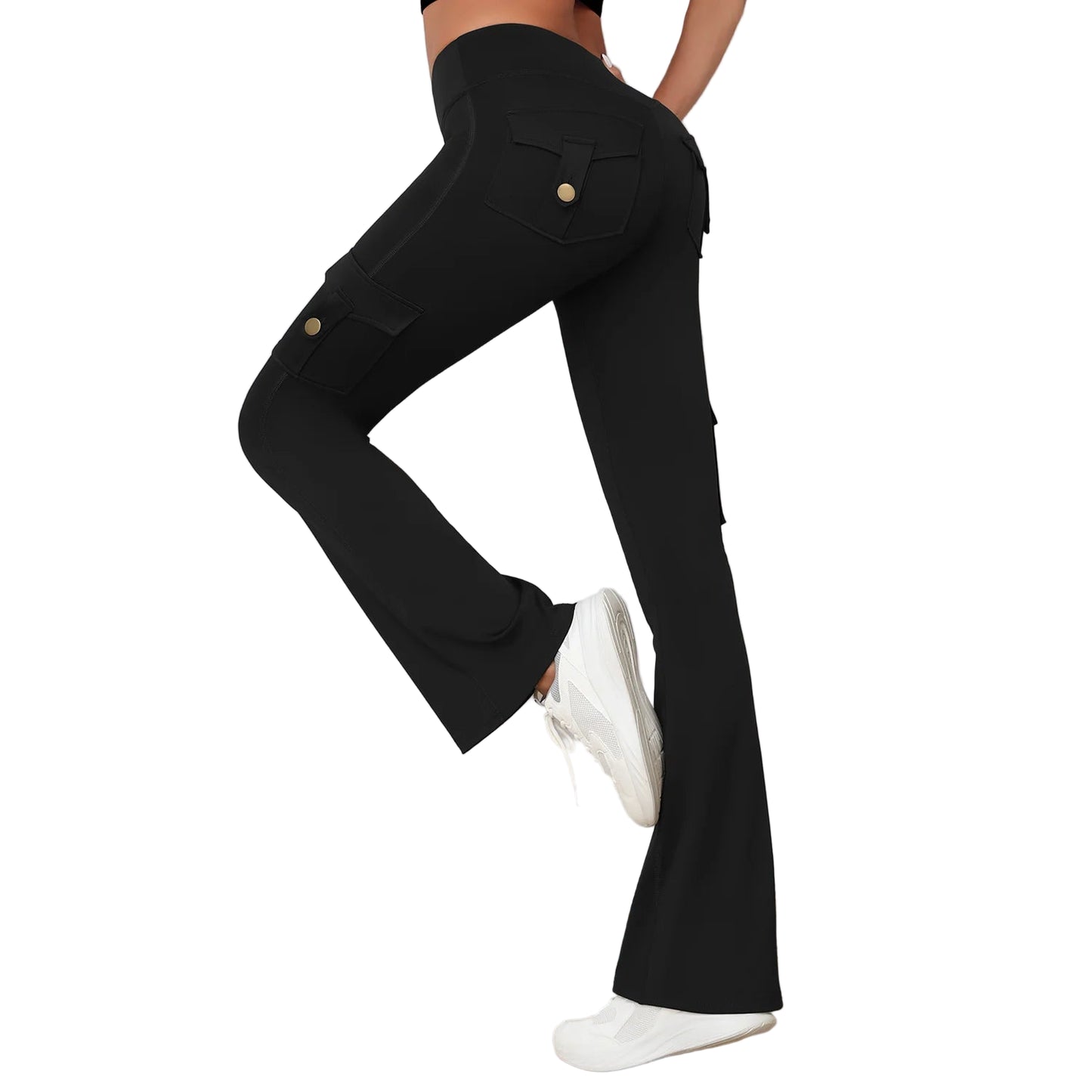 black flared pants with gold buttons