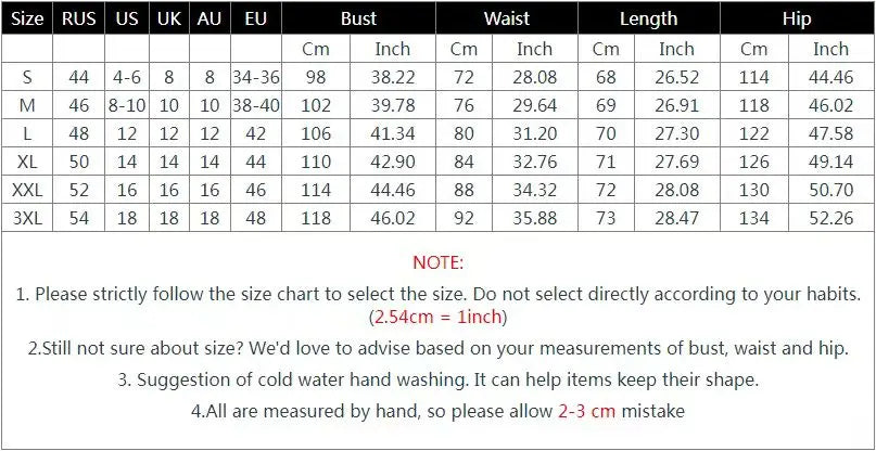 Size chart for clothing with measurements in centimeters and inches.