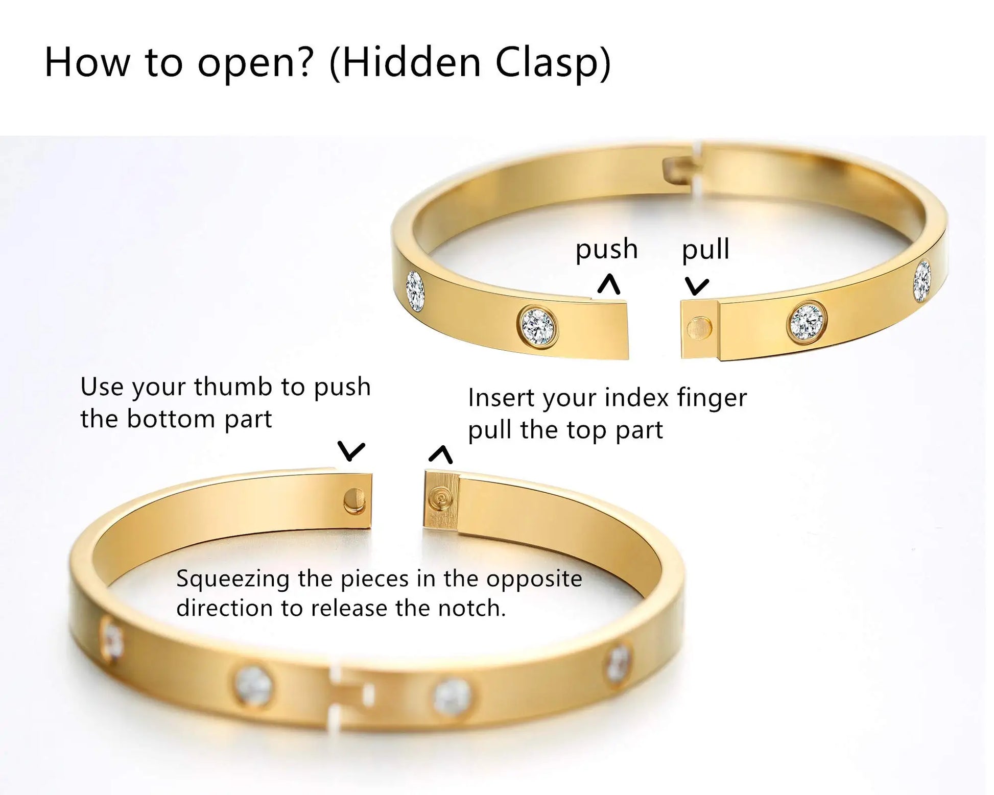 Gold bracelet with hidden clasp instructions