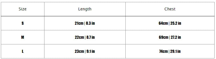 Size chart for clothing with measurements in centimeters and inches.