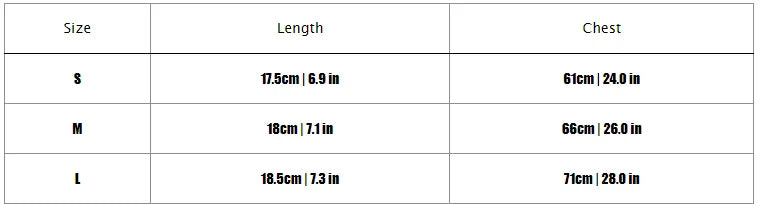 Size chart for clothing with measurements in centimeters and inches.