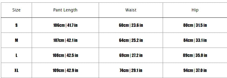 Table displaying pant length, waist, and hip measurements for sizes S, M, L, and XL.