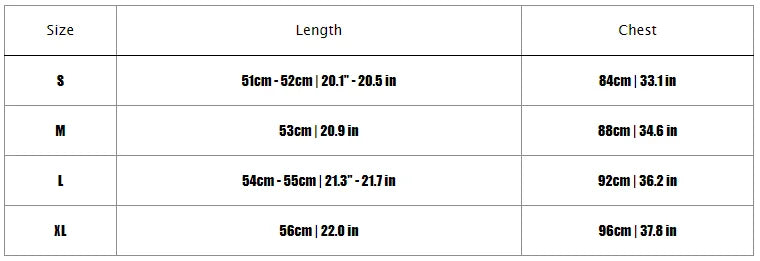 Size chart for clothing with measurements in centimeters and inches.